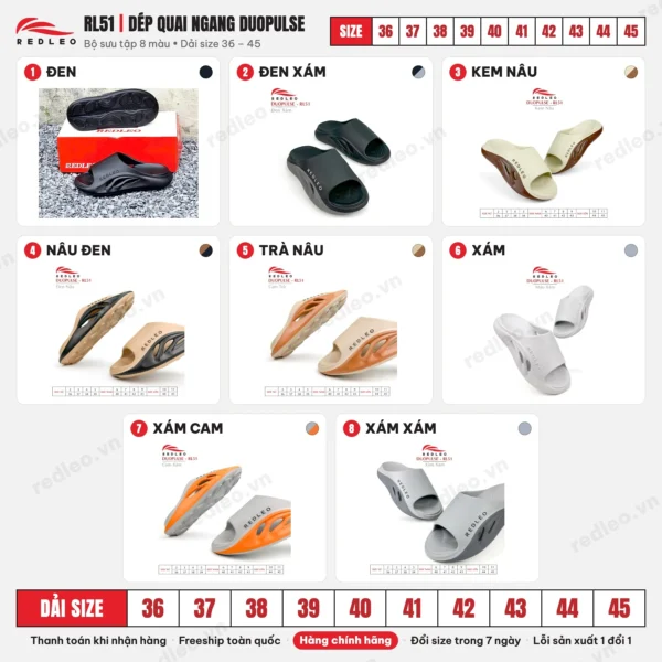 Dép quai ngang DUOPULSE - RL51 Bảng màu và dải size Dép quai ngang DUOPULSE RL51