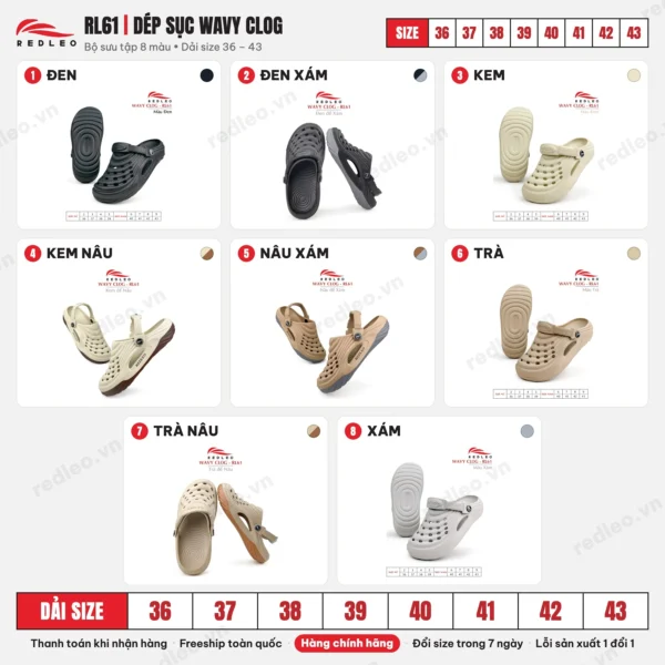 Dép sục WAVY CLOG - RL61 Bảng màu và dải size Dép sục WAVY CLOG RL61