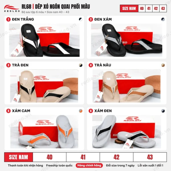 Bảng màu và dải size Dép xỏ ngón quai phối màu RL68