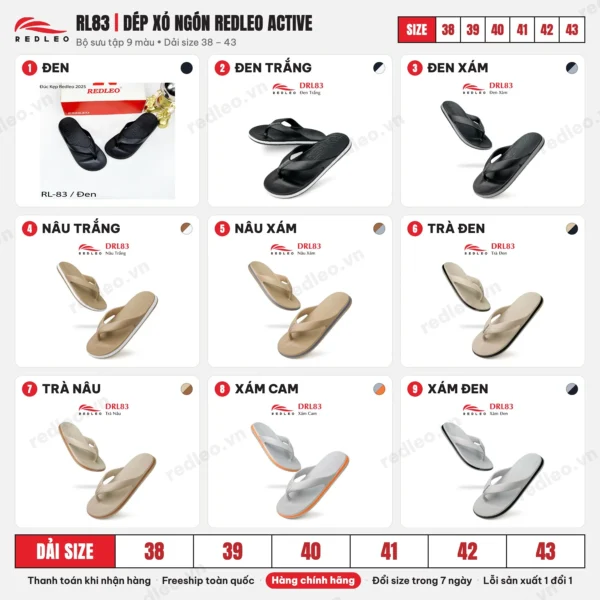 Dép xỏ ngón REDLEO Active - RL83 Bảng màu và dải size Dép xỏ ngón REDLEO Active RL83